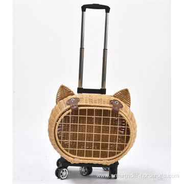 Luxury Dog Pet Travel Carrier Bag Case Rattan Wicker On Wheels Stroller Trolley Cat Travel Carrier Suitcase